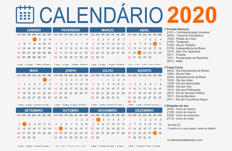 Veja o calendrio de feriados nacionais e de pontos facultativos em 2020